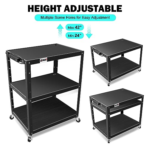 Image of DNA Motoring 3-Layer Utility Steel AV Cart with Wheels Power Strip, 35 inch x 25 inch x 24 inch-42 inch Height Adjustable Rolling Projector Cart,TOOLS-00137
