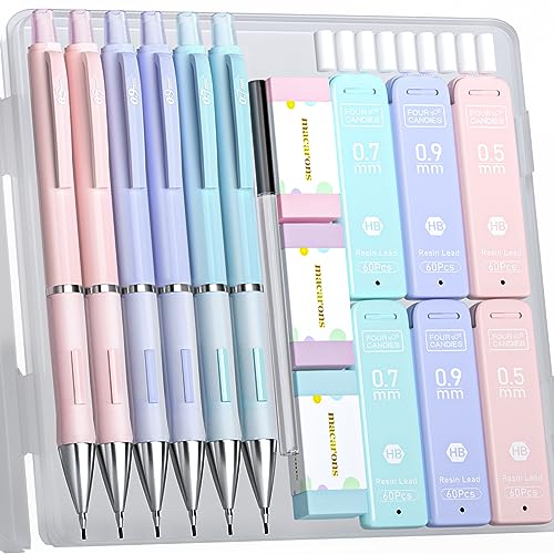 Four Candies Pastel Mechanical Pencil Set - 6PCS 0.5 mm & 0.7 mm & 0.9 mm Cute Mechanical Pencils with 360PCS HB Lead Refills, 3PCS Erasers and 9PCS Eraser Refills, Led Pencils Mechanical for Writing