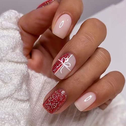 Red Christmas Nails - Press On, Short Square, Acrylic, Full