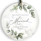 First Christmas Married Personalized Ornament, Our 1st Christmas Married Ceramic Ornament, Custom Name, Date, Comes with Gift Box (Design A)