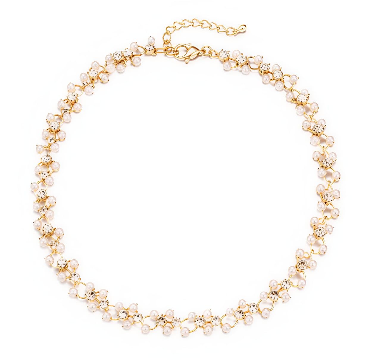 Moonstruckk Pearl & Crystal Flower Choker Necklace for Girls and Women | Faux Pearl Beads with Silver Crystal Floral Links | Gold Tone | Delicate Bridal Wedding Necklace-image-6