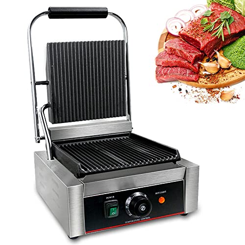 Parrilla de contacto de mesa eléctrica, sandwichera de acero inoxidable, para paninigrilo, 1800 W, termostato regulable, adecuada para uso doméstico, restaurantes, tiendas de desayuno