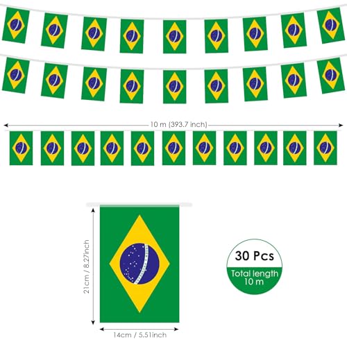 Image of AhfuLife 33 Ft Brazil String Flags Banner for World Cup Decoration 2026, 30 Pcs Small Brazilian Bunting String Flags - Double Sided for Independence Day Garden Street Party Decor (5.5x8.3 Inch)