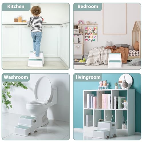 Image of Victostar 2 Step Stool for Kids, Anti-Slip Sturdy Toddler Two Step Stool for Toilet Potty Training, Bathroom,Kitcheng (Green-White)