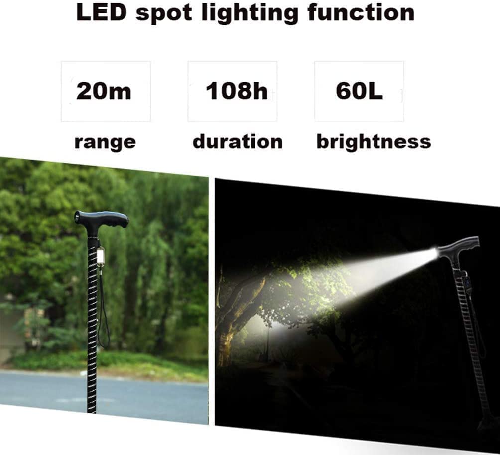 Canes Bastone da Passeggio Quad, Ausilio per la Mobilità di Bilanciamento per Uomini e Donne Bastone da Passeggio Leggero con Torcia a LED Robusta Stampella in Alluminio a Quattro Punte per Anziani