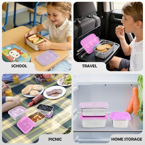 Image of Tanjiae 3-Pack Stainless Steel Snack Containers for Kids & Toddlers - 550ml (18oz) Leakproof Colorful Lids with Cute Dinosaurs | LFGB Certified, Stackable Metal Lunch Box for Daycare, School, Travel