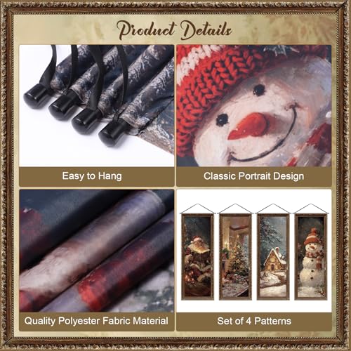 Image of Panelee 4 Pcs Vintage Christmas Porch Banners Retro Snowman Santa Winter Rustic Xmas Tree Stretching Portraits Wall Decorations Christmas Porch Sign Backdrop for Xmas Indoor Outdoor Wall Hanging Decor