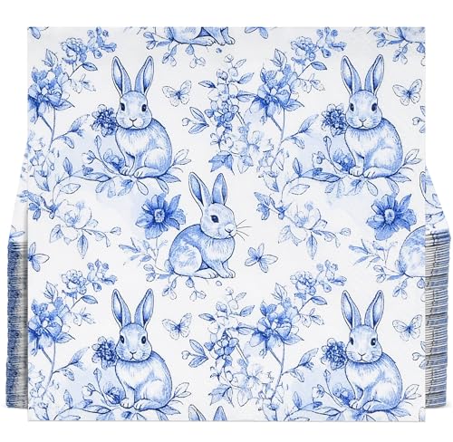 Blue Floral Bunny Cocktail Napkins 100 Pack Disposable Party Napkins Vintage Rabbit Table Decor for Easter Spring Dessert Entertaining