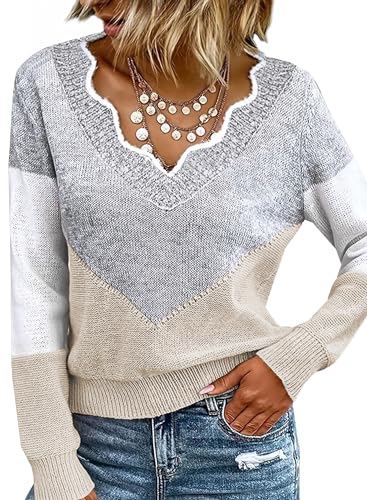 Women Fall Color Block V Neck Pullover Long Sleeve Sexy Cozy Ladies Sweaters Tops