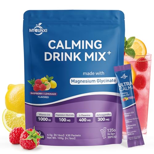 MTCUNXI Super Cortisol Drink, Magnesium Glycinate Powder, Powdered Drink Mix Calm, L-theanine, Ashwagandha, Vitamin D, Sugar Free, Raspberry Lemonade Electrolytes Powder (30 Servings)