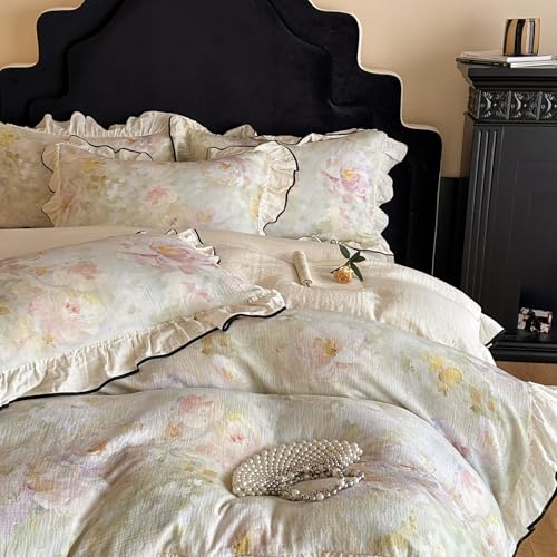 VM VOUGEMARKET White Ruffle Duvet Cover Set Twin for Girls Breathable Muslin Cotton Flower Duvet Cover Soft Linen Like Gauze Bedding Set-68x86 Inch