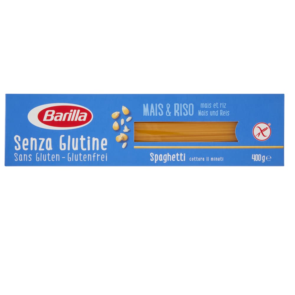 Barilla Makaron makaron bezglutenowy spaghetti z pysznej kukurydzy i ryżu – idealny dla osób z nietolerancją Celeliac lub glutenu, 24 sztuki (24 x 400 g)