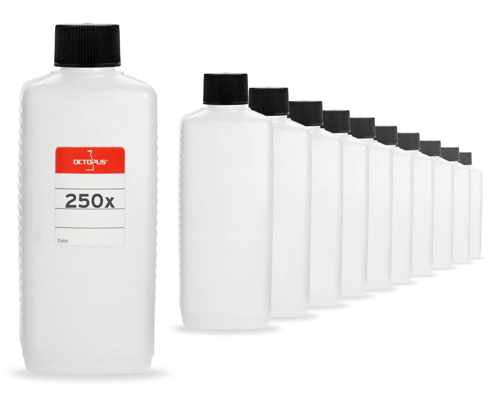 Octopus 250x 250 ml plastic bottles, HDPE plastic bottles with black screw caps, empty bottles with screw caps, square bottles incl. labelling labels