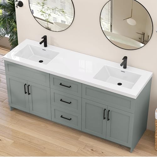 VESLINY Bathroom Vanity Top 72×22 Solid Surface Vanity Countertop with One-Piece Double Sinks for Modern Bathroom Vanity Rectangular in Glossy White