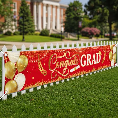 Image of Graduation Decorations 2026 | Xtralarge Red And Gold Congrats Grad Banner 2026-120x20 Inch | Graduation Yard Banner | Congrats Grad Yard Banner | Graduation Yard Signs | Katchon