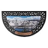 Ambesonne Nature Scene Doormat, Spring Season Panoramic Photo of Snowy Mountains and Crater Lake, Semi Circle Entryway Welcome Mat for Front & Backard 2 Pieces, 19.6' x 31.4', Dark Indigo and Sea Blue
