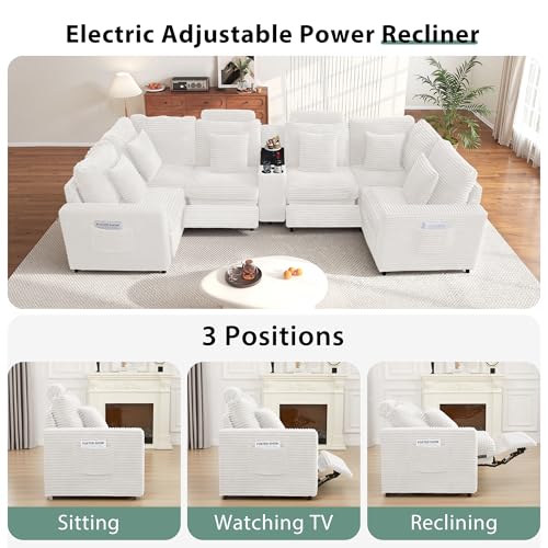 Image of RARZOE Oversized Modular Sectional Sofa with 2 Power Recliner, 6-Seater U-Shaped Corduroy Reclining Couch with Storage Console Charging Cup Holders, Sectional Reclining Couches for Living Room,White