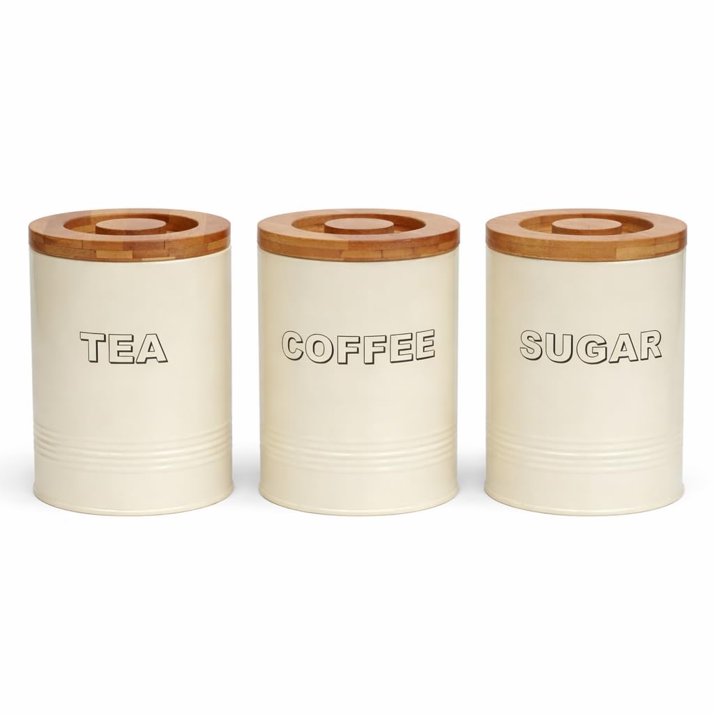 Simpa Antique Cream 3Pc Tea, Sugar & Coffee Canister Set - Cylindrical Shaped Metal Storage Canisters Jars With Lids.