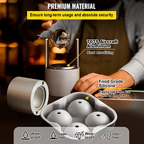 VEVOR Ice Ball Press Kit, Anodized 7075 Aluminum, w/Silicone Moulds, Large Mat, Stainless Steel Tong & Two Glasses, Double Size Crystal Clear Rounds Whiskeys, Cocktails on Parties & Holidays Silver