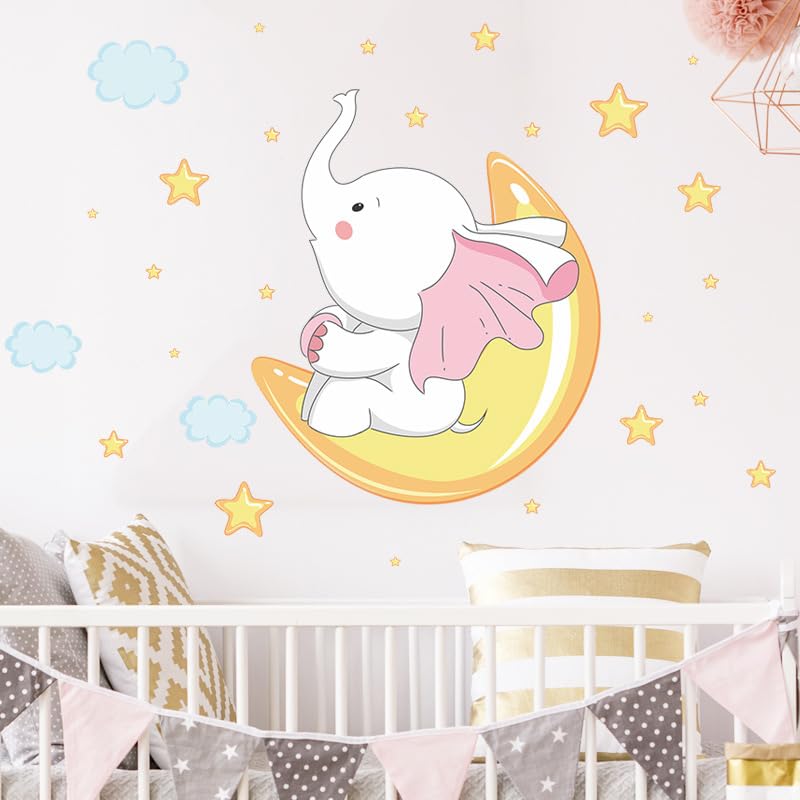 Image of Elephant & Moon Wall Stickers for Kids Baby Wall Stickers for Kids Room Bedroom Playroom Nursery Living Room Decor Wall Art Wall Decoration Boho-Self-Adhesive