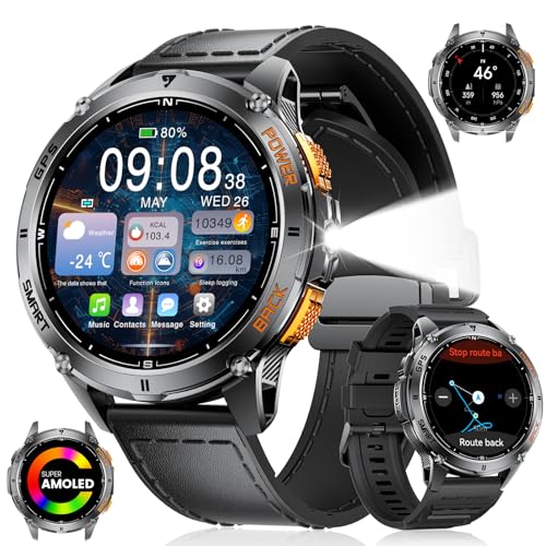 ESFOE GPS Smart Watch for Men with LED Light/530mAh Battery, 1,43'' AMOLED Military Smartwatch with...