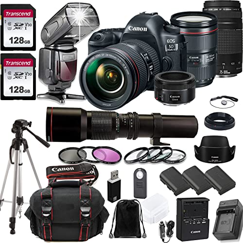 Canon EOS 5D Mark IV DSLR Camera w/EF 24-105MM F/4 L is II USM + Canon EF 75-300mm f/4-5.6 III + EF 50mm F/1.8 STM and 500mm Preset Lens + 2pc Transcend 128GB Memory Cards + Professional Kit