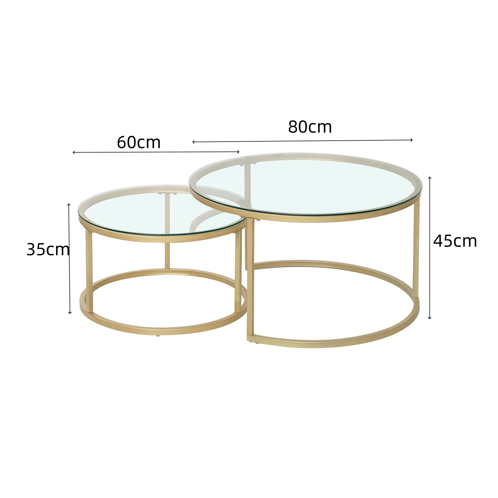 Lot de 2 Table Basse, Table D'appoint Ronde Empilable pour Salon, Pieds en Métal Plaqué Or, Adapté au Salons, Café, Salon (80 * 45 cm et 60 * 35 cm) - Verre Or