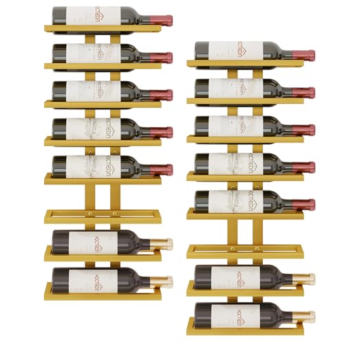 Image of Hoctieon 2-Set 8 Tier Wall Mount Wine Rack (16 Tiers), Wall Racks for Wine Bottles Display and Storage, Hanging Bottle Organizer for Living Room, Dining Room, Wine Cellar, Bar, Gold