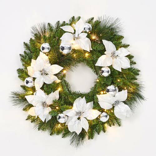 Garvee 24" Christmas Wreath with Flower Cypress Leaves Balls Ornament, Pre-Lit Front Door Christmas Wreath, Winter Christmas Decoration for Window Doo