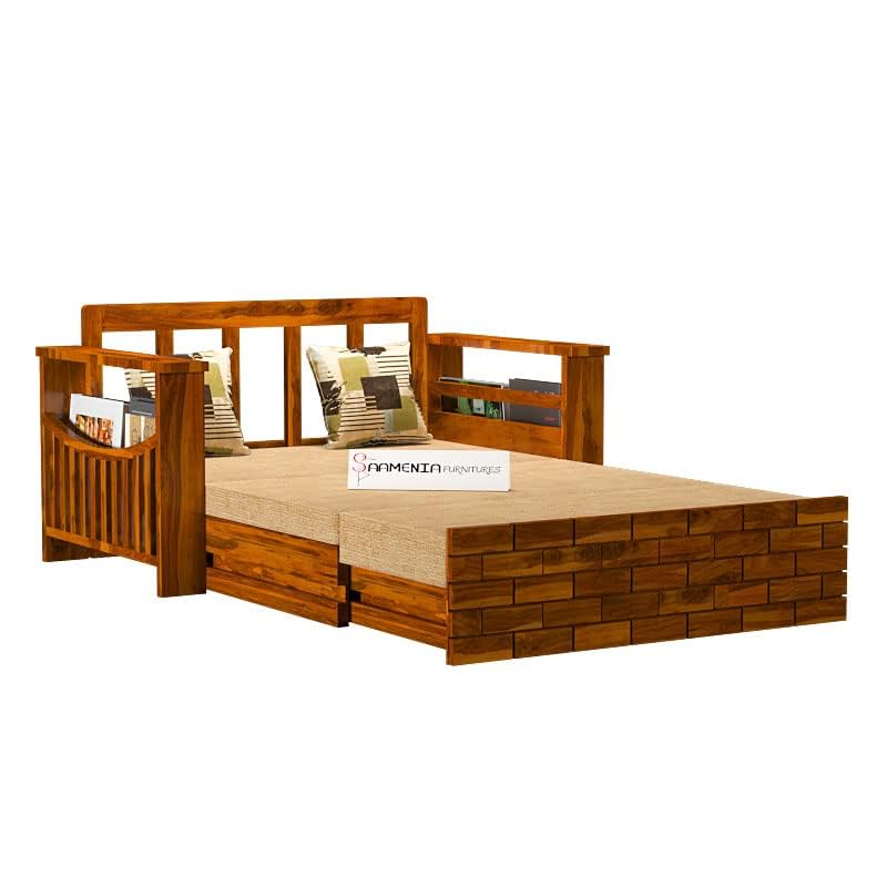 Image of Mamta Furniture Solid Sheesham Wood Sofa Cum Bed Furniture Set with Storage and Cushions for Living Room | Bedroom | Drawing Hall Honey Finish Queen