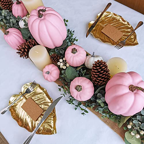 Image of Winlyn 7 Pcs Assorted Sizes Fall Artificial Pink Pumpkins Harvest Faux Foam Pumpkins for Fall Autumn Season Halloween Thanksgiving Harvest Holiday Season Festive Tabletop Decoration