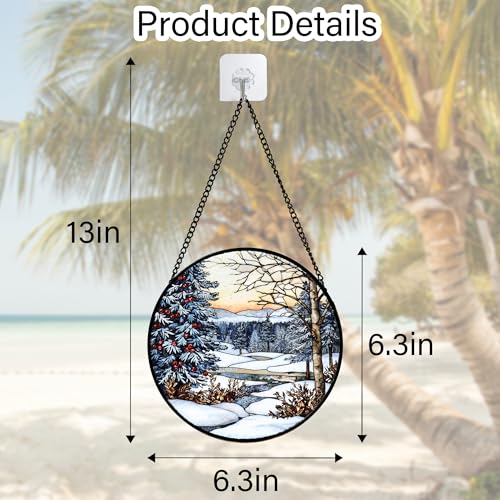 Image of DASTOLL Stained Glass Window Hanging, Winter Snow Landscape Suncatcher Diamond Glass Panel Sun Catchers Decor for Birthday for Women, Men, Wife, Aunt, and Mom 6.3x6.3 in