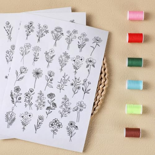 Image of Flower Water Soluble Embroidery Patterns, 79 Pcs Stick and Stitch Embroidery Papers Wash Away Pre-Printed Floral Pattern Transfers, DIY Gift for Hand Sewing Lover Beginners