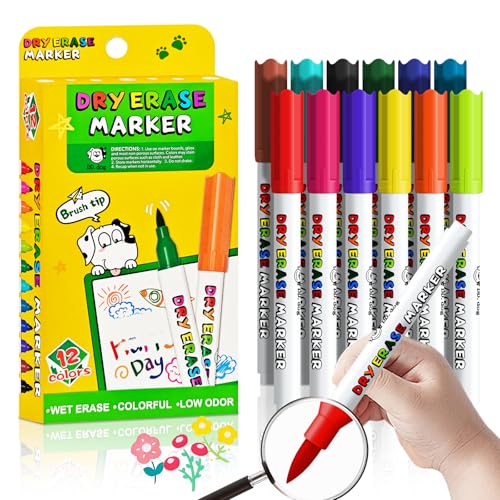 DD.DOG Brush Tip Dry Erase Markers for Kids 12 Colors Whiteboard Markers Non-Toxic Low Odor Fine Brush Tip for Drawing Doodling Handwriting Practice Classroom Homeschool & Creative Learning