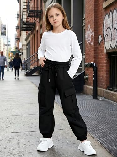 Image of JiAmy Girls Cargo Pants Elastic High Waist Drawstring Pants Jogger Trousers Casual Loose with Pockets 6-14Y