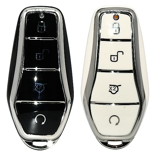 Image of KMH TPU Car Smart Key Cover Compatible for BYD Atto-3 4 Push Button Smart Key Shell Case Holder, Key Protector (Black Silver & White) Pack of 2