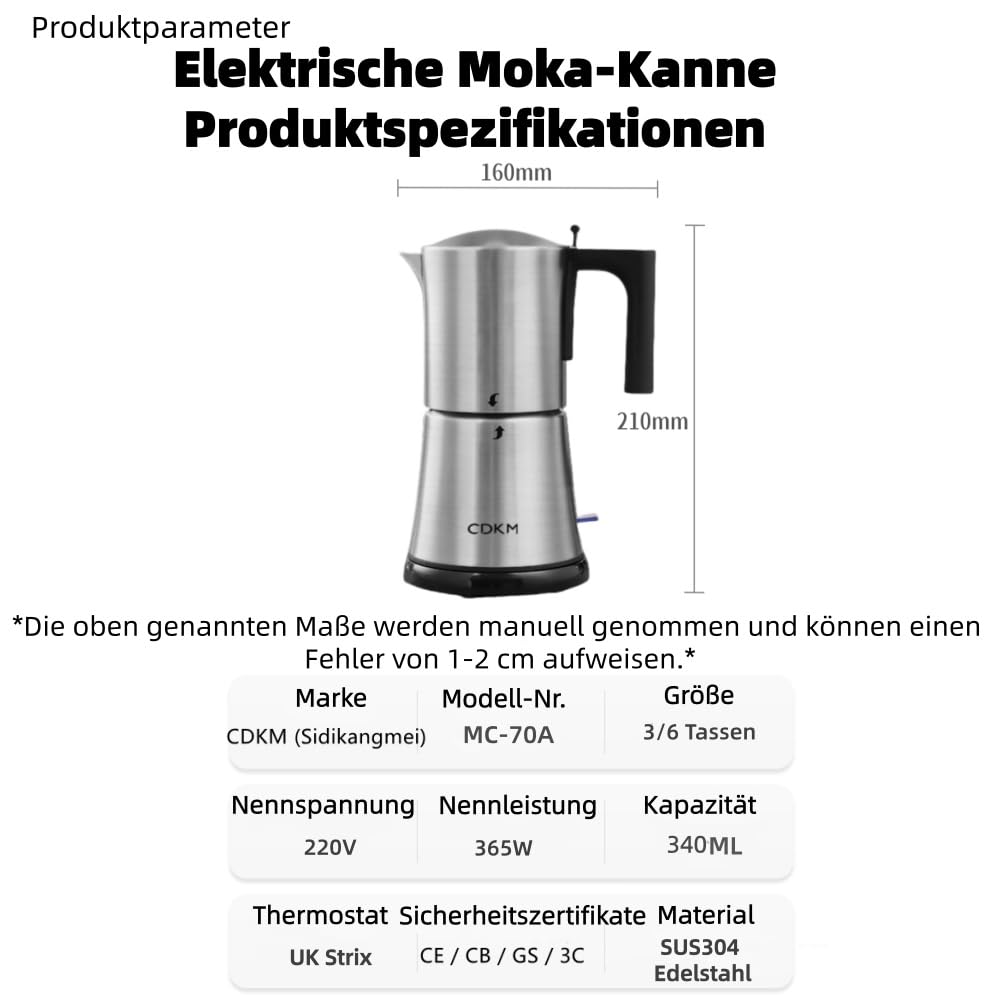 Espressokocher Elektrisch, Edelstahl Moka pot, One-Touch, 3-6 Tassen | Automatische Mokka-Kaffeemaschine, italienische Espressomaschine, Automatische Abschaltung, 340 ml Espressomaschine