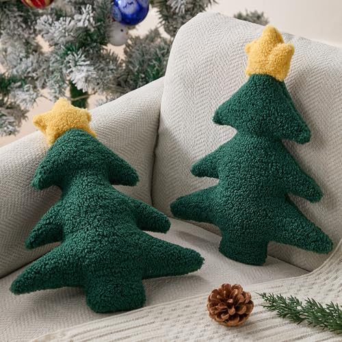 Image of Allorry Christmas Pillows Set of 2 Green Pentagram Christmas Tree Shaped Soft Plush Christmas Decor Pillow for Party Xmas Winter Holiday Home Sofa Cushion Cases WL-006H