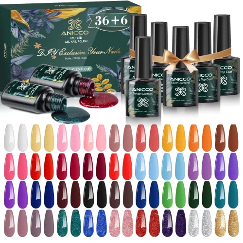 Vernis Semi Permanent 42 Pcs, Anicco Lot Vernis Gel Semi Permanent UV LED Automne Hiver Vernis à Ongles Gels Semi-permanents Soak Off 36 Couleurs, Base et Top Coat, 2 Diamond Top Coat, Gel Nail Polish