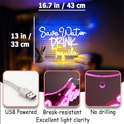 Image of Blue&Yellow Neon Sign Led Neon Lights Signs for Wall Decor USB Powered Led Signs for Room Decoration-Save Water Drink Tequila