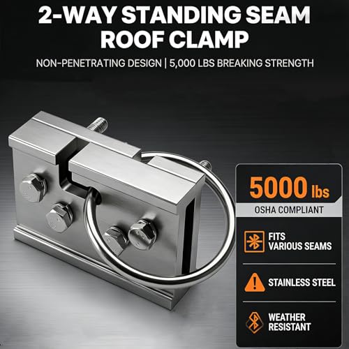 Image of Upgraded Fall Protection Roof Anchor - 5,000 lbs Breaking Strength, OSHA /ANSI Compliant, Non-Penetrating Roof Clamp for Metal Roofs, Fits 150+ Seam Profiles, Portable Fall Protection Safety Anchor