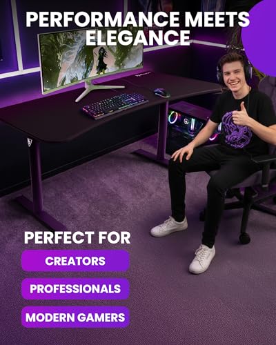 Image of Arozzi Arena Ultrawide Curved Gaming and Office Desk with Full Surface Water Resistant Desk Mat with 3 Custom Monitor Mount Cut Outs and Under The Desk Cable Management Netting - Deep Purple