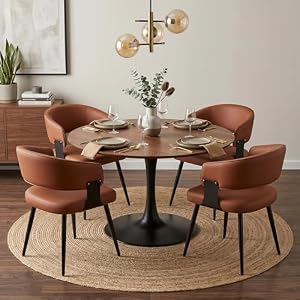 Dining Chairs Set of 4, Modern Upholstered Faux Leather Kitchen Chairs with Curved Back, Easy to Assemble & Clean for Dining Room, Restaurant, Cafe, Brown | Faux Leather Upholstery, Curved Back, Metal Legs, Easy Clean, Dining Room, Kitchen, Breakfast Nook, Restaurant, Cafe, Brown