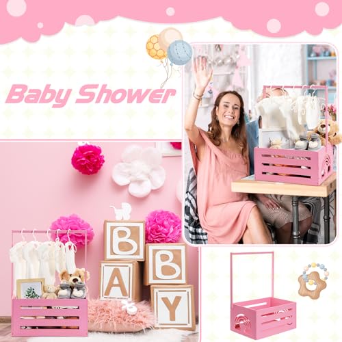 Image of Yerliker Wooden Baby Shower Crate Closet Baby Shower Gifts Basket Storage Crate Hamper with Handle Personalized Basket for Newborn Boys Girls Pregnancy Gifts(Pink,Cloudy, Rainbow)