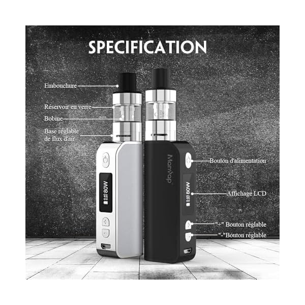 Manvap Cigarette Électronique Kit Complet 120W 1800mAh 2ml Top Refill Atomiseur 0,3ohm, E-Cigarette Vape Pen Set Pas de e-liquide sans Nicotine EVOKE (le noir)