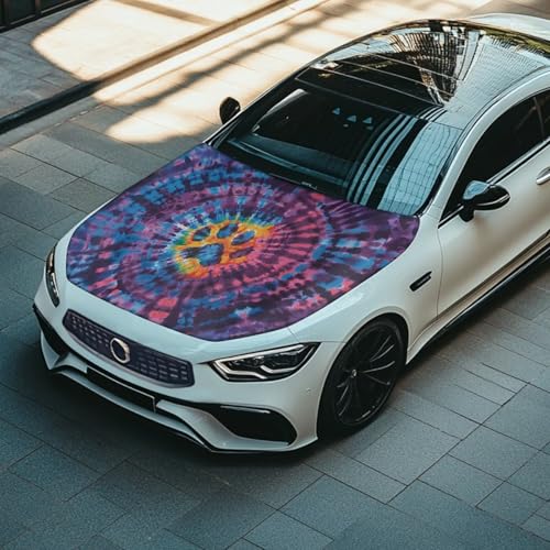 Image of Car Hood Cover Paw Print Tie-Dye All-Season Protection Car Hood Cover Protector Stretch Polyester Fabric Covers Removable Automotive Accessories Ft Fits Most Cars