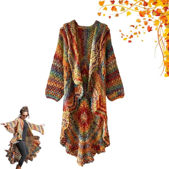 Bohemian Hippie Style Rainbow Hooded Crochet Long Cardigan Colorful Boho Sweater Embrace Autumn Immersed in Autumn