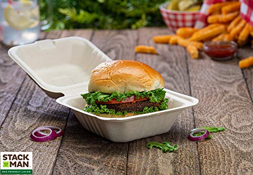 Stack Man-Bg-60Ht1K 100% Compostable Clamshell Take Out Food Containers [6X6" 50-Pack] Heavy-Duty Quality To Go Containers, Natural Disposable Bagasse, Eco-Friendly Biodegradable Made Of Sugar Cane Fibers #TOP1