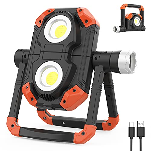 GAAKY Work Light Rechargeable, 2500LM 3 COB Portable LED Work Light with 4000mAh Mobile Charge, Folding Waterproof Working Flashlight, Car Repairing, Emergency and Job Site Lighting (Orange)