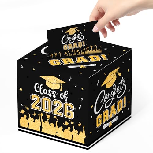 Image of Graduation Card Box 2026 - Congrats Grad Card Boxes Holder, Black and Gold Class of 2026 Gift Cards Box for Graduation Decorations 2026 Favors Party Decor Supplies Props, 9x 9 x 9 inches
